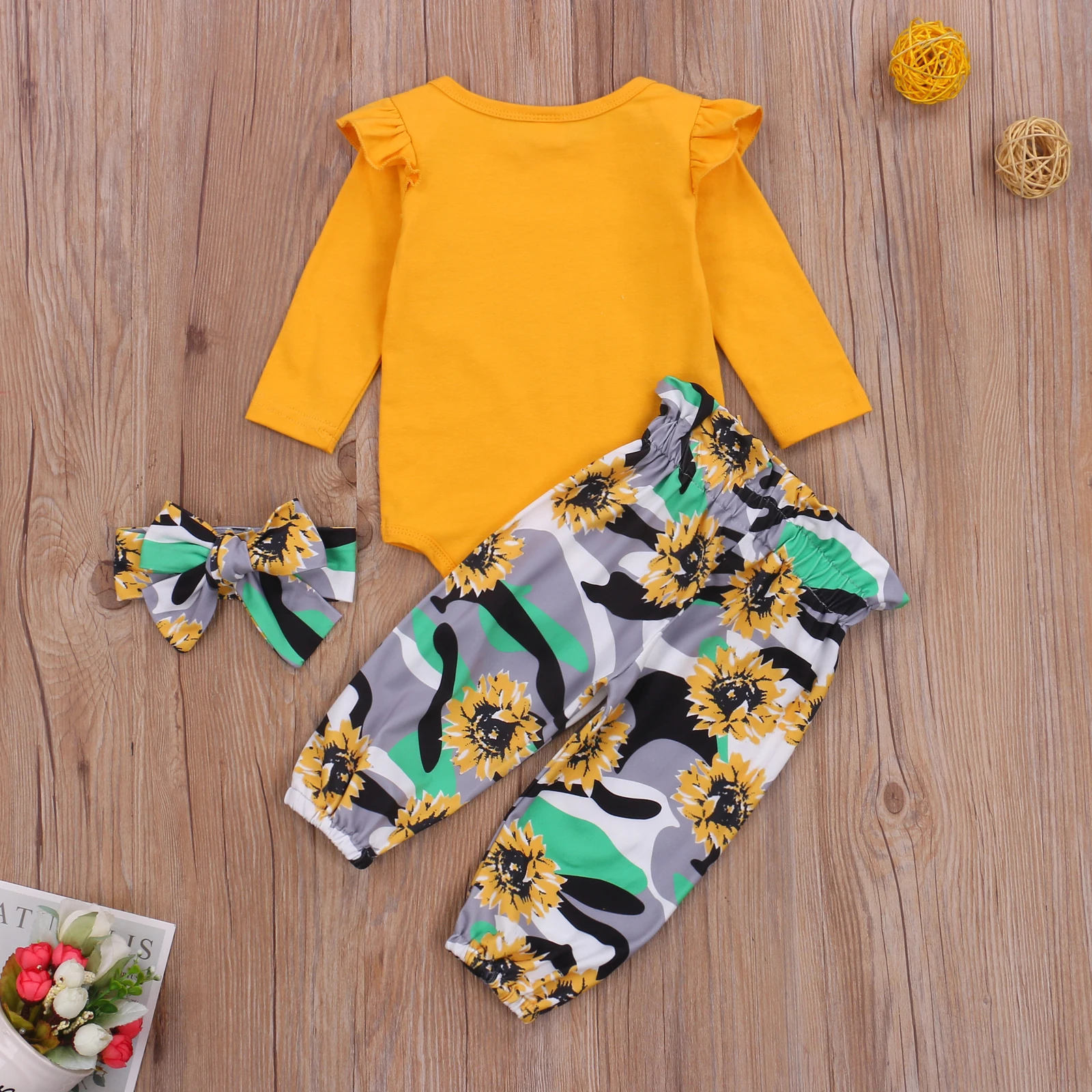 

3Pcs Newborn Girls Casual Outfits Infant Letter Fly Sleeve Round Neck Romper + Floral Pants + Headband Bowknot Spring Autumn