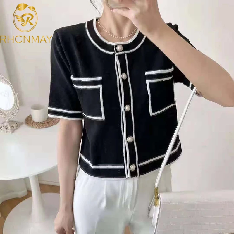 

Женский трикотажный кардиган на пуговицах, прямой тонкий свитер составного кроя с жемчужными пуговицами и круглым вырезом, в Корейском сти...