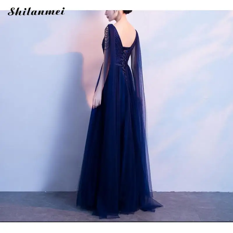 Vintage Cloak Sleeve Evening Party Dress Women Elegant Rolay Blue Sequin Loor-Length Sexy Deep V Long Plus Size Dresses | Женская одежда