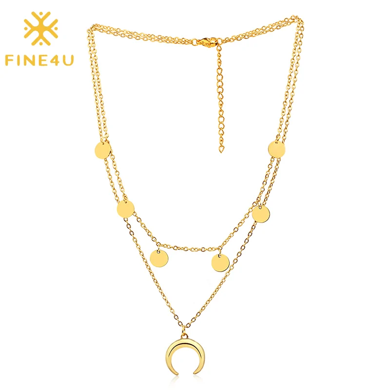 Ожерелье с подвеской в виде полумесяца FINE4U N339 для женщин Двухслойное ожерелье