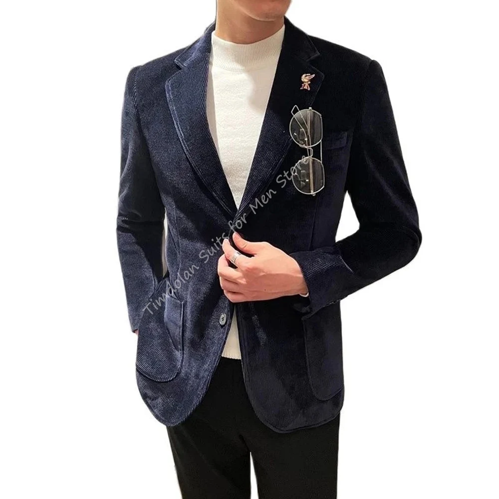 2 pçs jaqueta calças de negócios ternos masculinos grosso inverno azul marinho veludo blazer preto calças casamento festa à noite vestido (0)