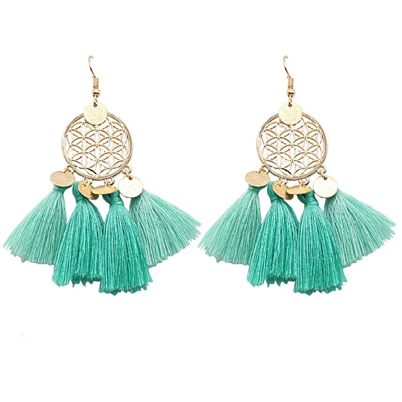 Модные серьги мечты Золотые круглые ажурные шерстяные с бахромой женские