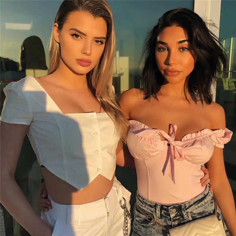 

2021 Sexy Off Shoulder Blouse Ruffles bow t shirt Women summer crop tops solid tanks White Party beach Shirts women lace top