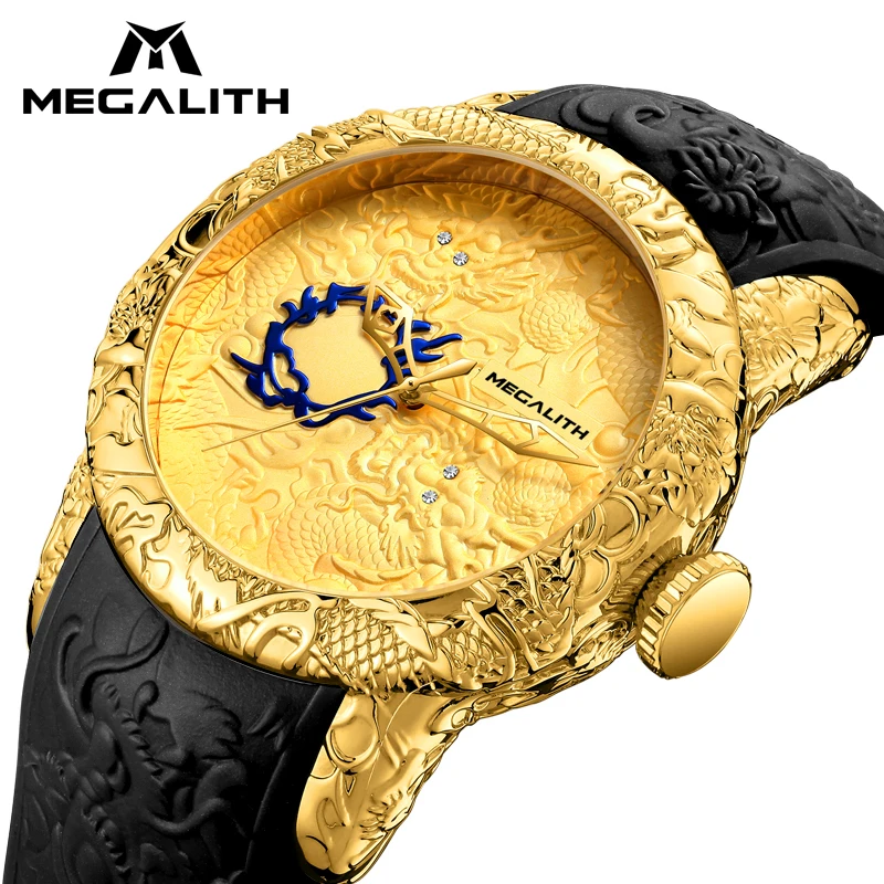 

MEGALITH Fashion Men Watch Top Luxury Brand Gold Dragon Sculpture Watch Men Quartz Watch Waterproof Big Dial Sports Watches Man