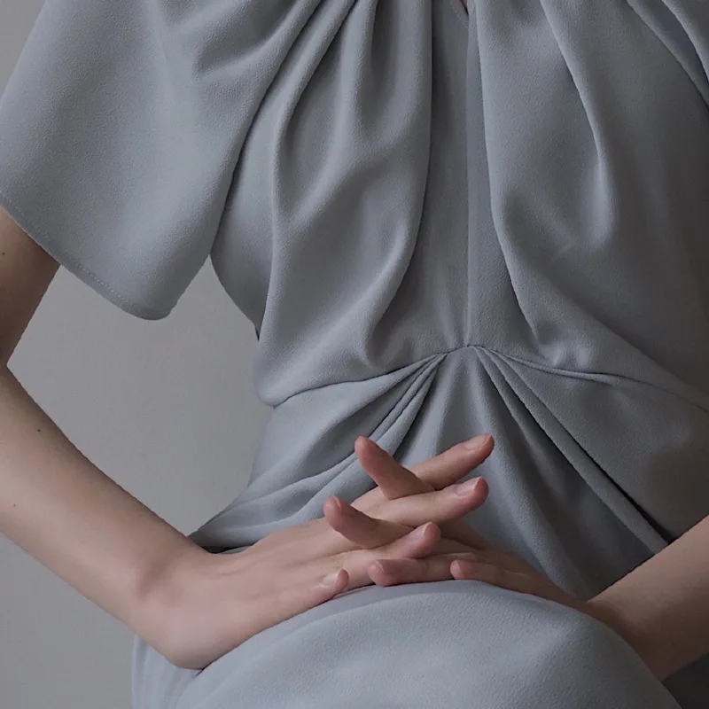 

2021 Spring Summer Shirring Women Dress Elegant Short Sleeve High Waist Female Long Dress Solid Color Ruched Lady Party Dress