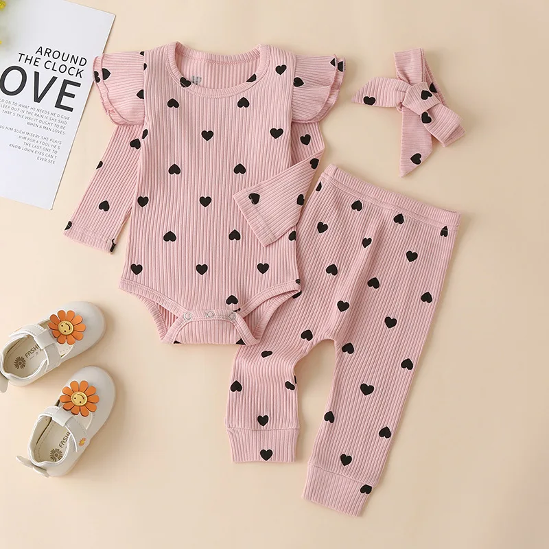 

3Pcs Baby Girl Outfit Set Newborn Toddler Girls Clothes Ruffle Heart Print Long Sleeve Romper Bodysuit +Pants+Headband Infant