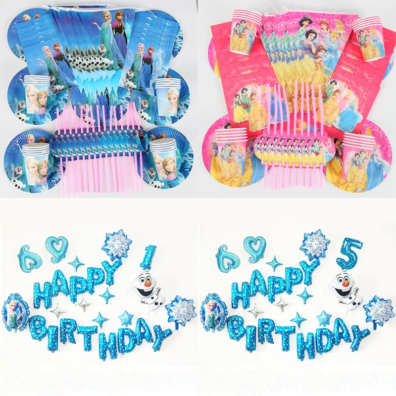 

Disney Priness 90pcs Anna Elsa Tableware Set Elsa Theme balloons birthday party decorations Children Birthday Party Supplies