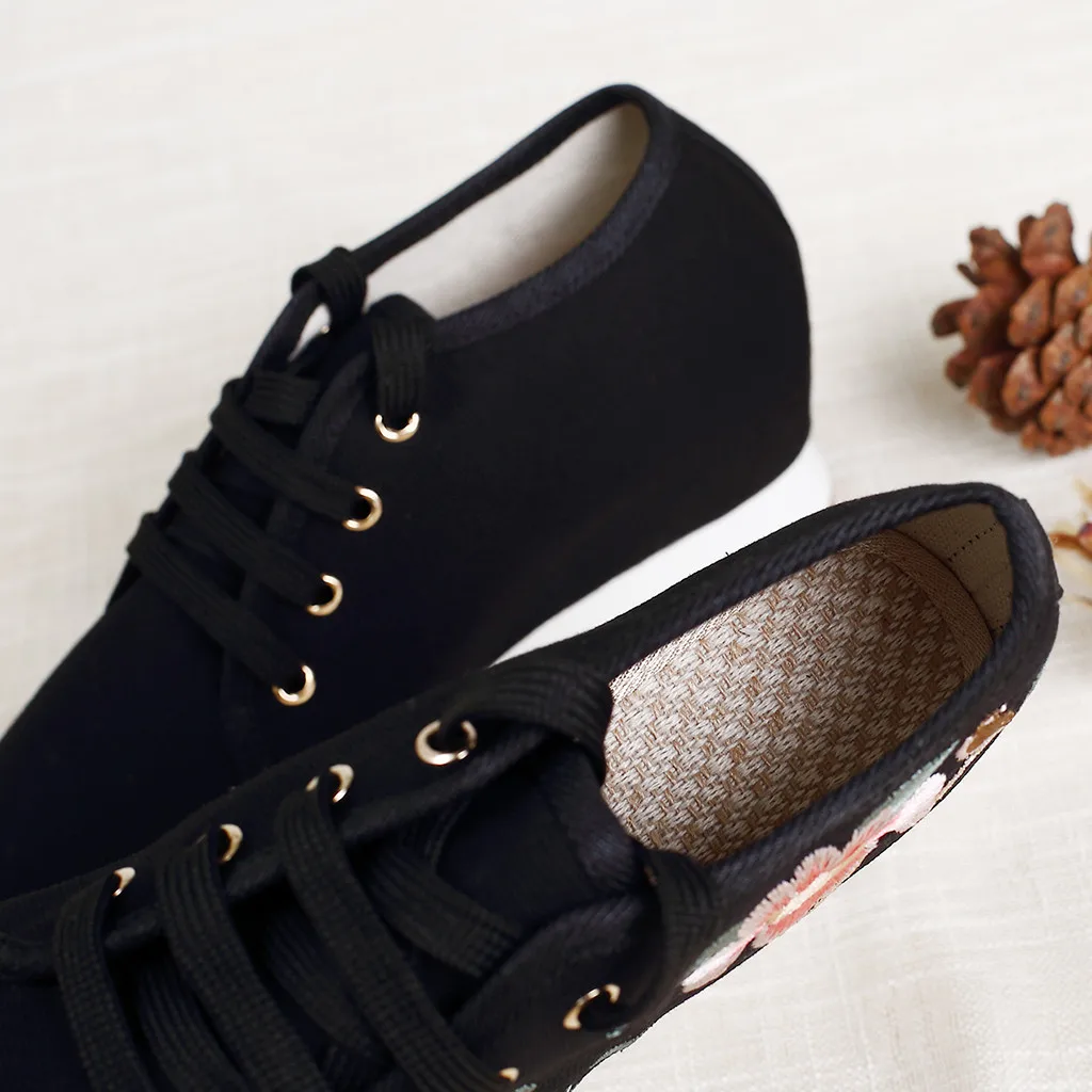 

Women Casual Shoes Ladies Retro Embroider Lace Up Wedge Round Toe Canvas Shoes Sport Running Comfortable Loafers Women