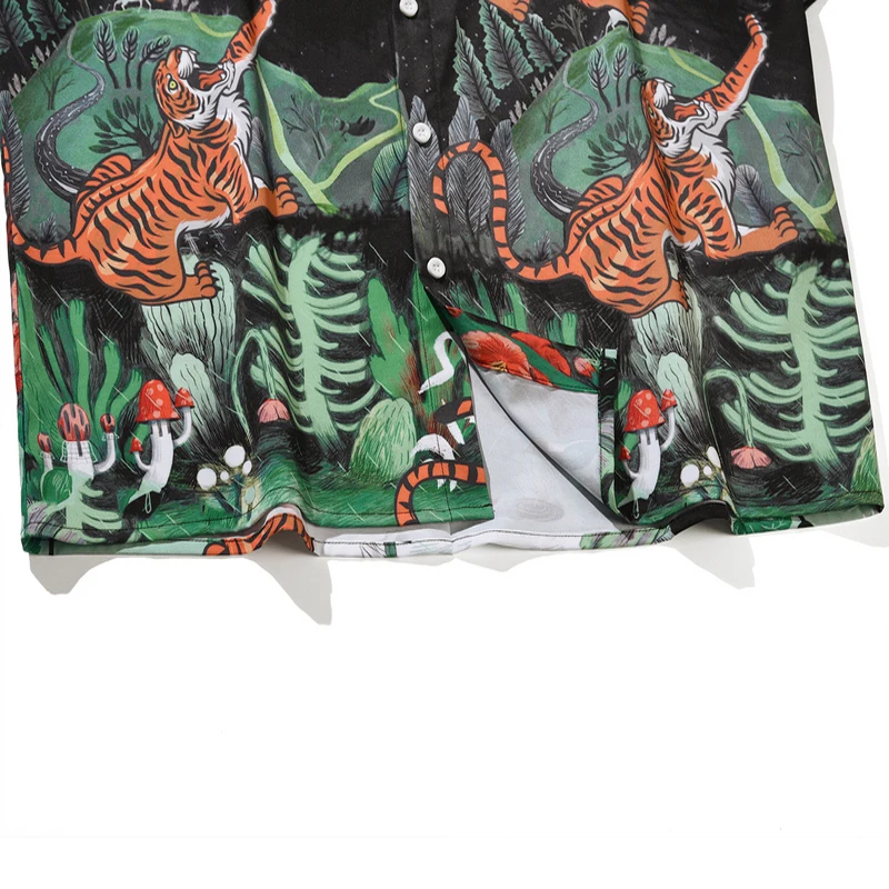 

ELKMU Streetwear Forest Tiger Print Shirt Men Summer Holiday Beach Shirts Hip Hop Fashion Short Sleeve Button Tops Male HE873