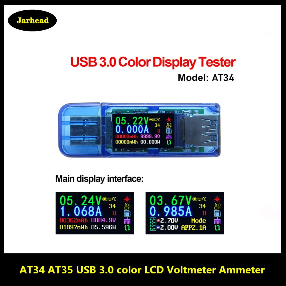 AT34 AT35 USB 3 0 цветной ЖК-Вольтметр Амперметр измеритель напряжения тока мультиметр