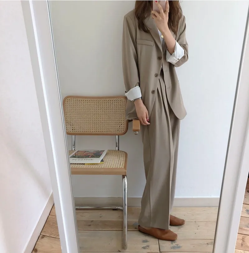

2020 Fashion New Korea Vintage Loose Casual Coat Jacket Suit + High Waist Wide Leg Pants Womens Set clothes