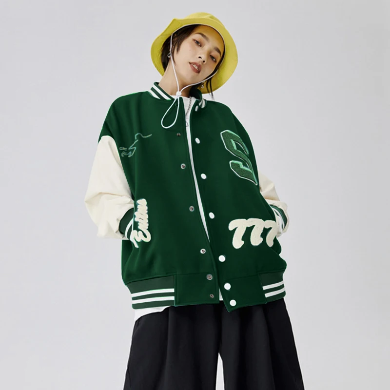 

Women's Fashion Clothes Streetwear New Style PU Leather Stitching Embroidery Baseball Uniform Bomber Jacket High Street European