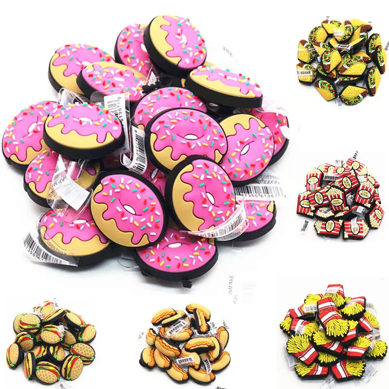 

Freeshipping Hamburg Popcorn Donuts Shoe Charms Decorations Novelty Chips PVC Shoes Accessories fit Croc JIBZ X-mas Kids Gifts