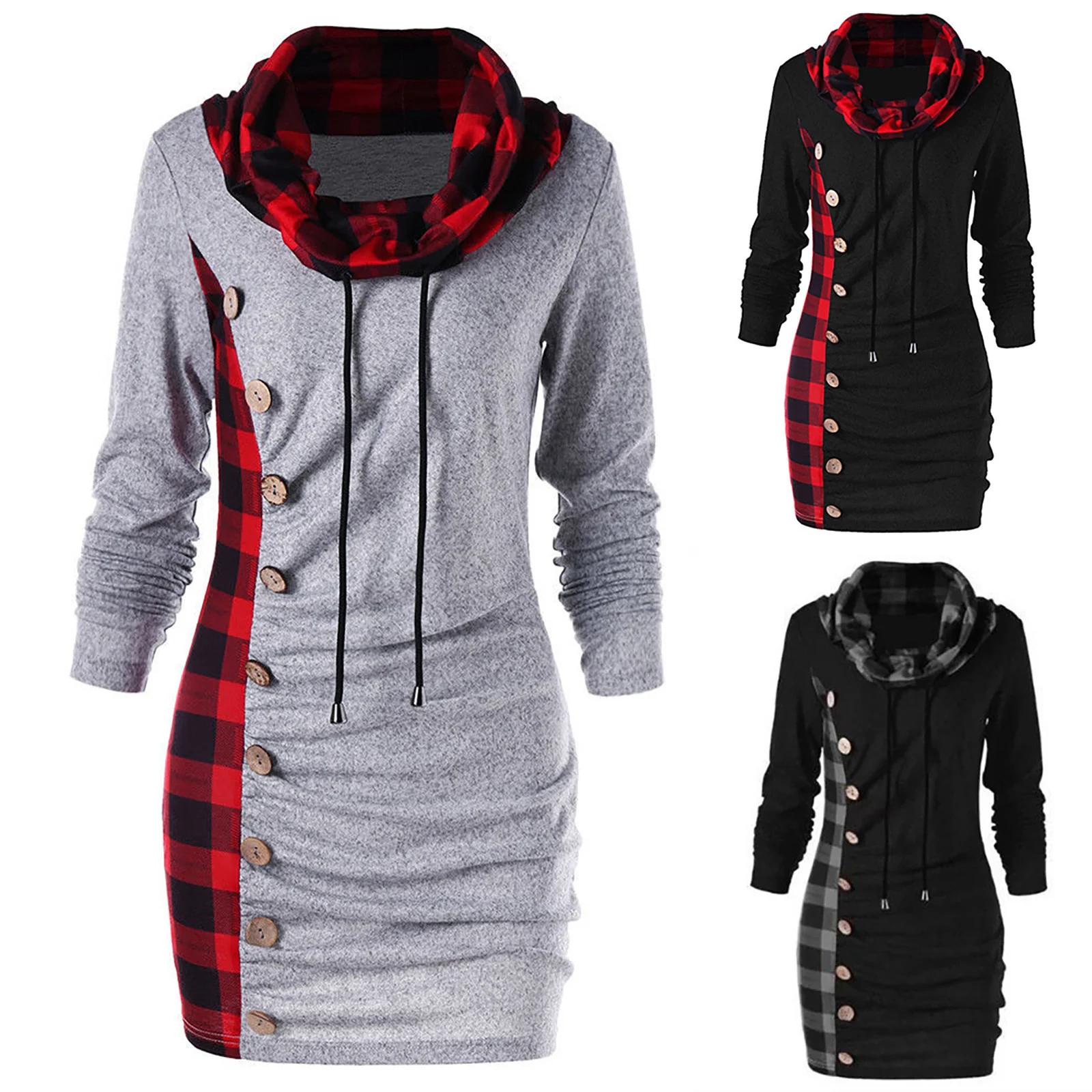 

Plus Size Hoodies Plaid Stitched Drawstring Women Casual Button Long-sleeve Blouse Streetwear Sweatshirts