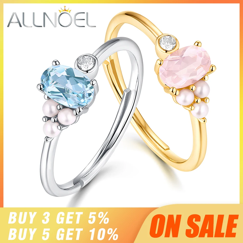 ALLNOEL, настоящее 925 пробы, серебряные кольца для женщин, натуральный голубой топаз, розовая роза, кварц, жемчужные кольца, свадебные ювелирные украшения
