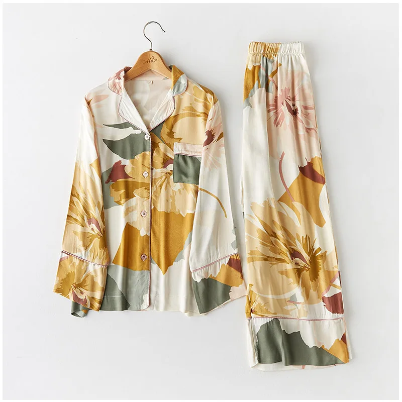 Printed long sleeves Женские пижамы, элегантные атласные пижамы с длинными рукавами, с принтом чернил, с отворотом, с короткими рукавами, Пижамный костюм для дома, женские пижамы - Цвет: Printed long sleeves