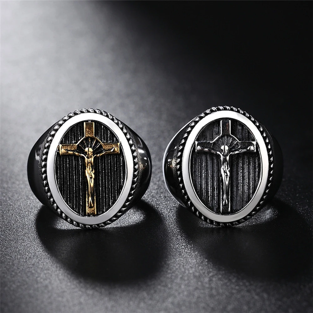 

Wholesale New Christian Jewelry Rings With Jesus Crucifix High Quality Titanium Steel Vintga Ring For Men Party Gifts