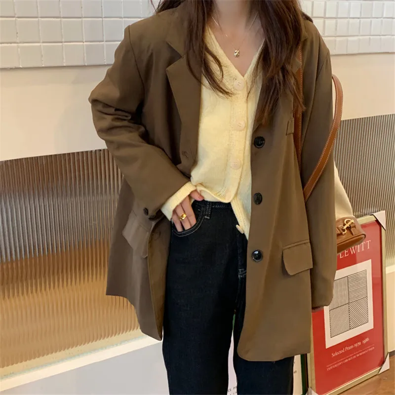

HziriP 2021 New Autumn Blazers Women Vintage Formal Blazer Loose Elegant OL Single-breasted Casual Suit Collar Jacket Female