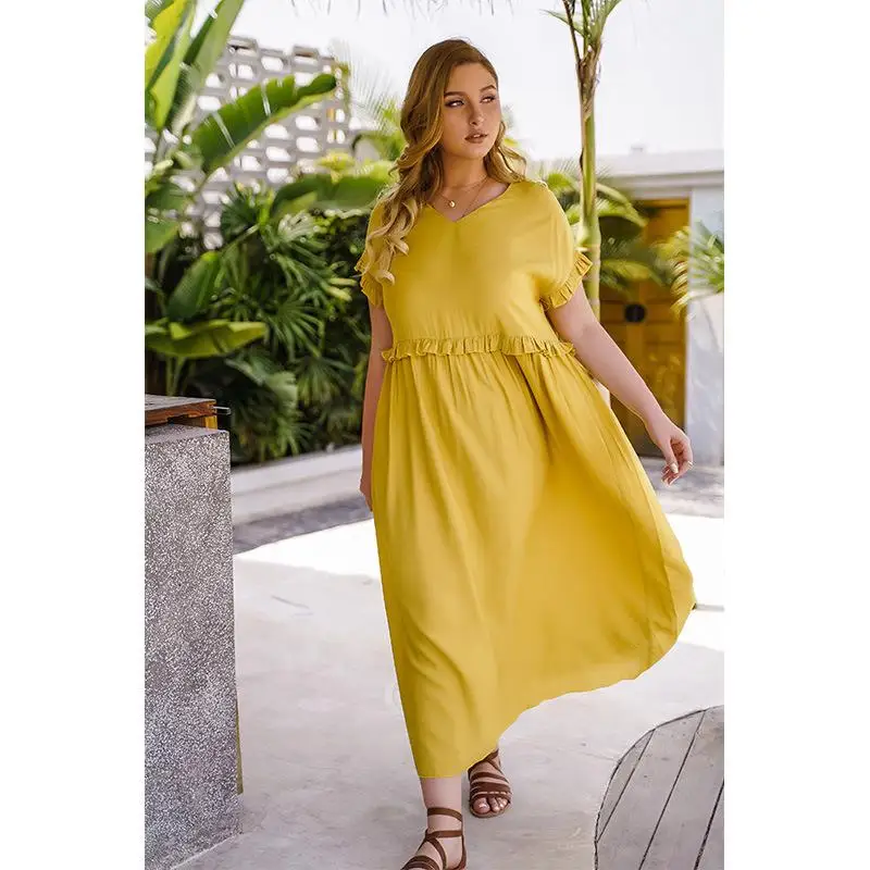 Женское повседневное длинное платье с оборками желтое Элегантное макси-платье