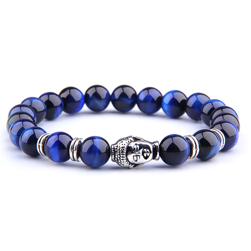 Fashion AAA Royal Blue Tiger Eye Men's Bracelet Beads Natural Stone Buddha Stretch Charm Bracelets for Women Men Jewelry - Окраска металла: Lapis Blue Tiger-2