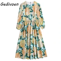 gedivoen fashion designer autumn dresses womens lantern sleeve floral print vacation elegant midi dress