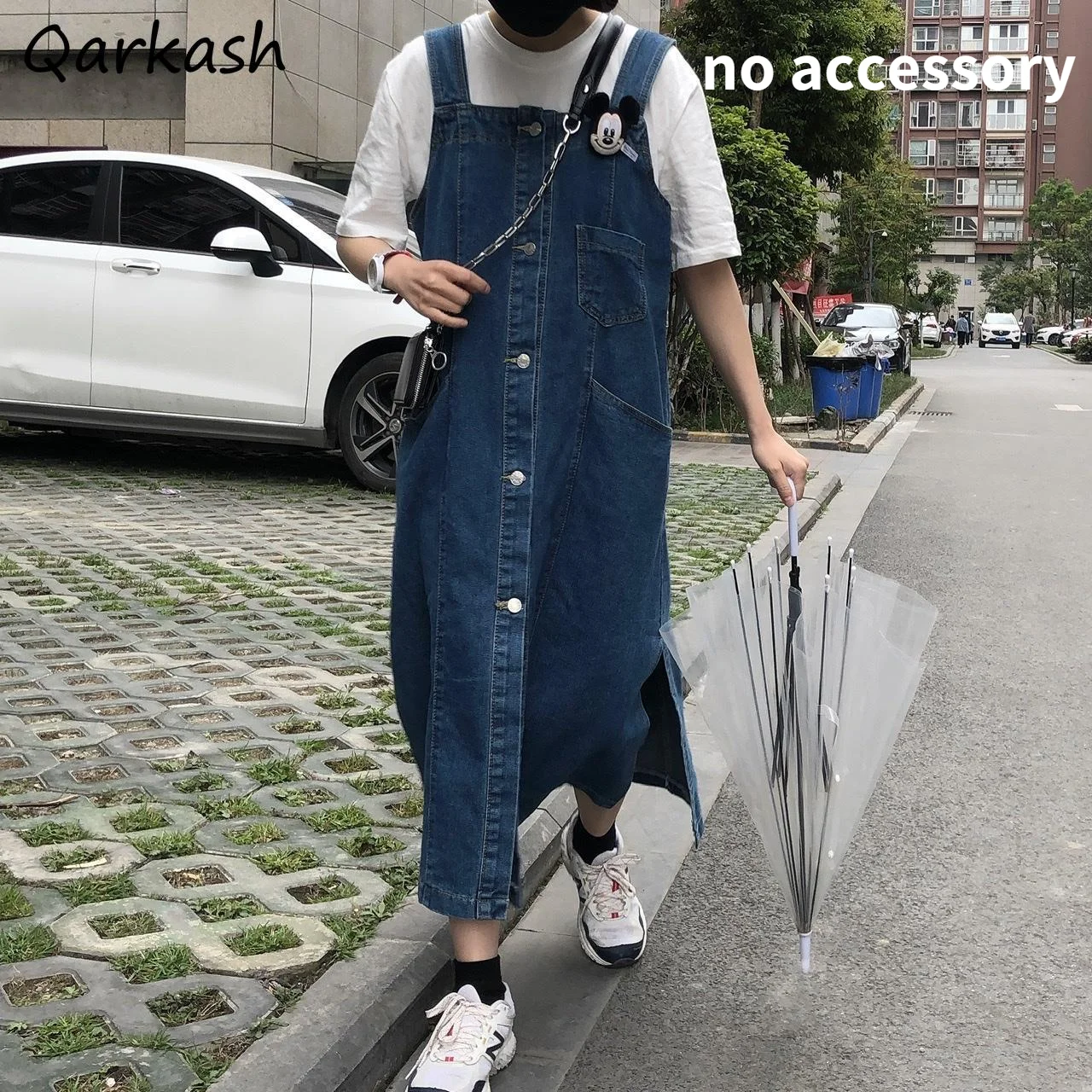 

Dresses Women Denim Mid-calf Vintage Autumn Single Breasted Casual Pure Color Korean Street BF Style Female Chic Sleeveless Cozy