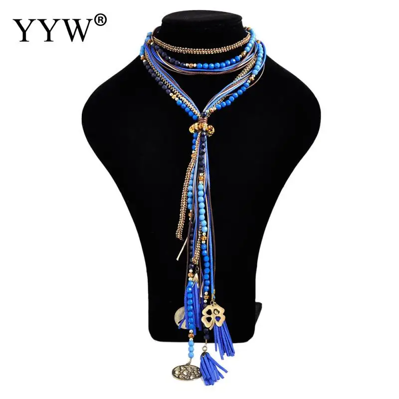 Винтажное многослойное ожерелье для женщин хлопковый шнур подвеска с кисточками