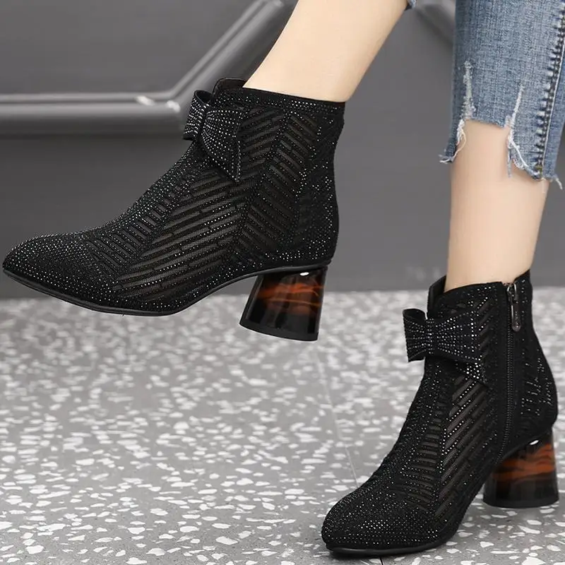 

Mesh Boots Mid Heel Hollow Women's Short Summer Rhinestone Thick Heel Bowknot Mother Sandals Spring and Autumn Boots Women's