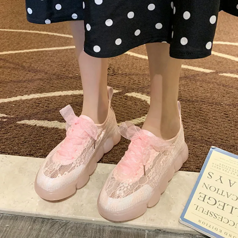 2020 Summer New Hollow out Mesh (Air mesh) Casual Solid Lace-Up Round Toe Breathable Thick Bottom Sports Shoes Lace Women Shoes