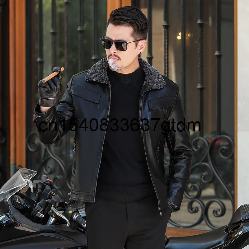 

Новая зимняя мужская жира размера плюс с отложным воротником кожаная куртка для мужчин среднего возраста с жиром с лацканами и хлопок кожан...