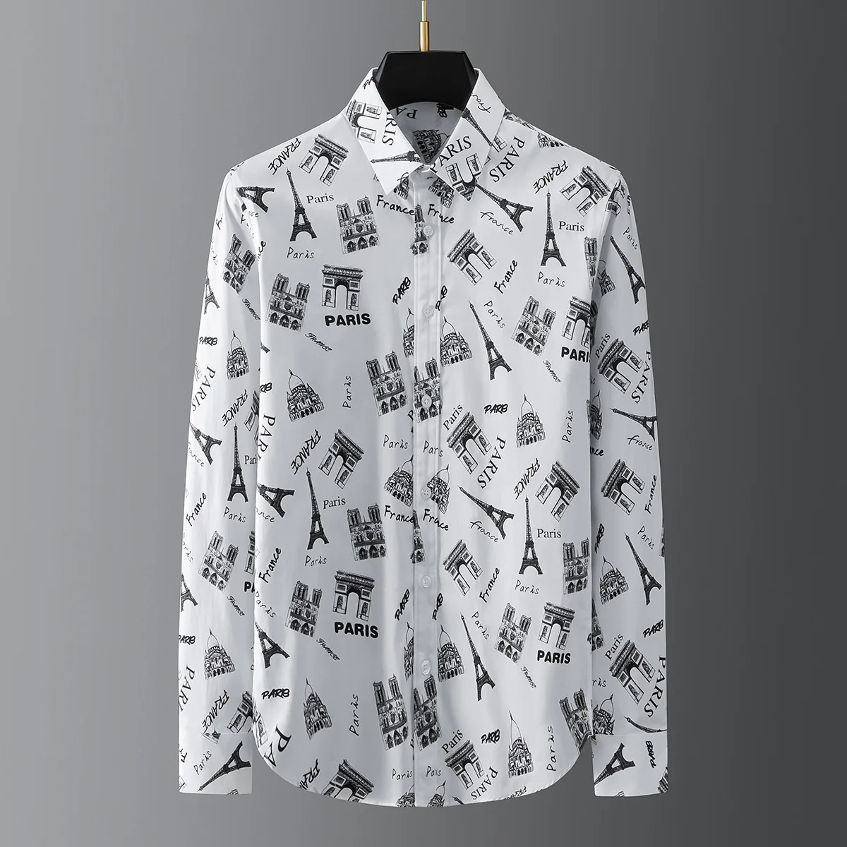 

French style Paris Tower digital cotton direct-injection printing men's slim long-sleeved shirt button up shirt korean shirts