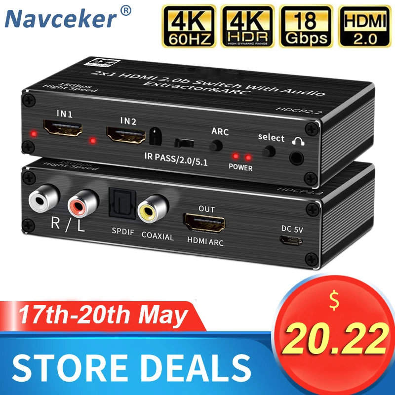 Мини 2x1 4K HDMI переключатель аудио экстрактор с дуговой и оптической Toslink 2 0 60Hz