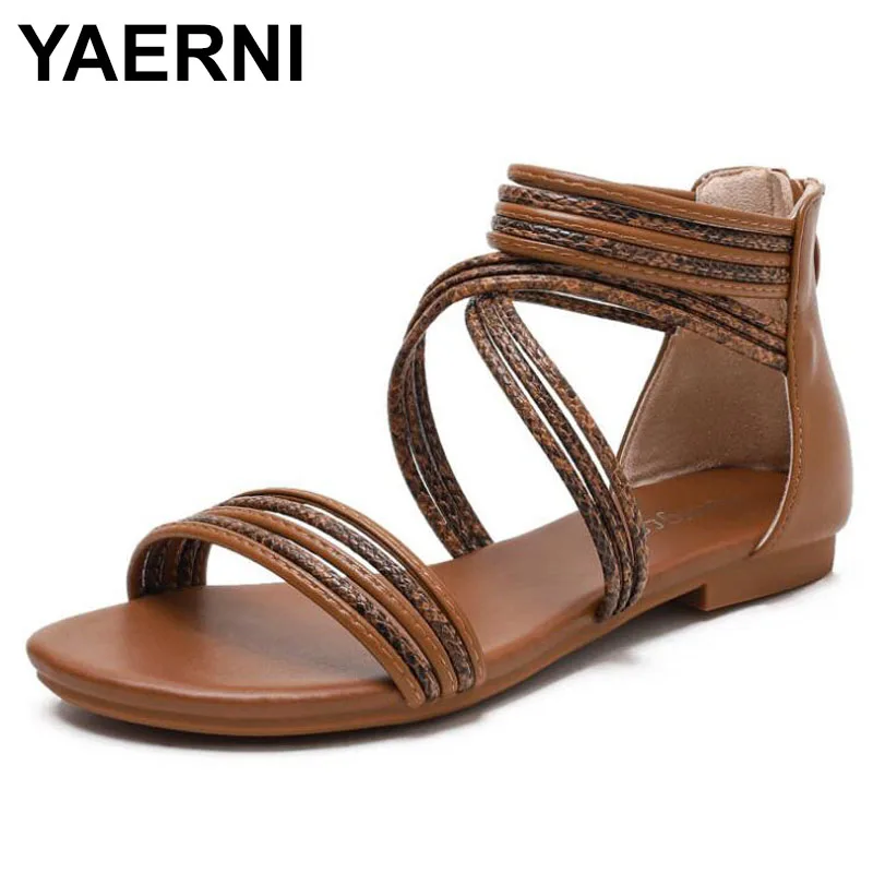 

YAERNI Wedge Sandals Women's 2021 Summer Snakeskin Roman Shoes Large Size Casual Flat Shoes Strappy Ankle Platform Sandals