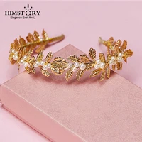himstory retro gold handmade pearl olive vine leaf shape wedding hairband bridal head jewelry