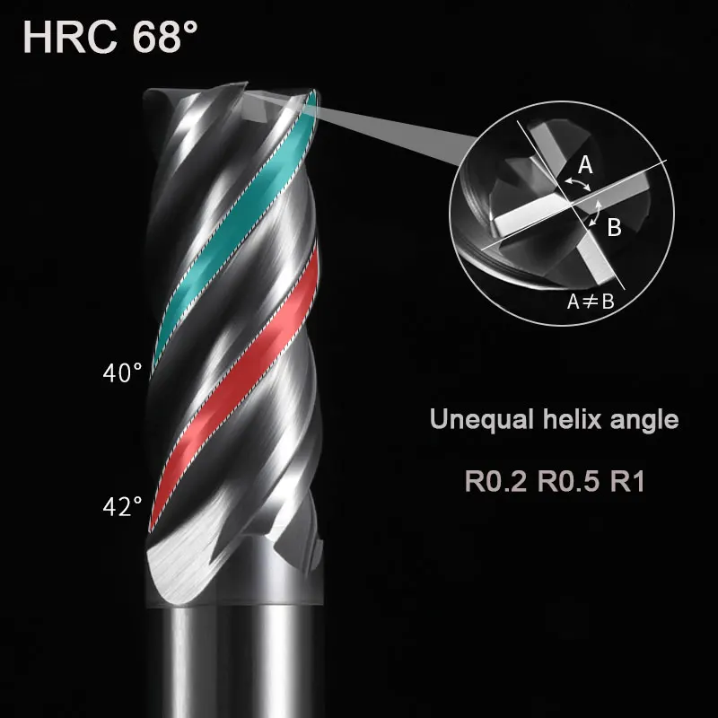 

4 Flute CNC Tools R0.2/R0.5/R1mm High Hardness Tungsten Steel Corner Round Nose End Mills HRC68 Carbide Milling Cutter for Metal