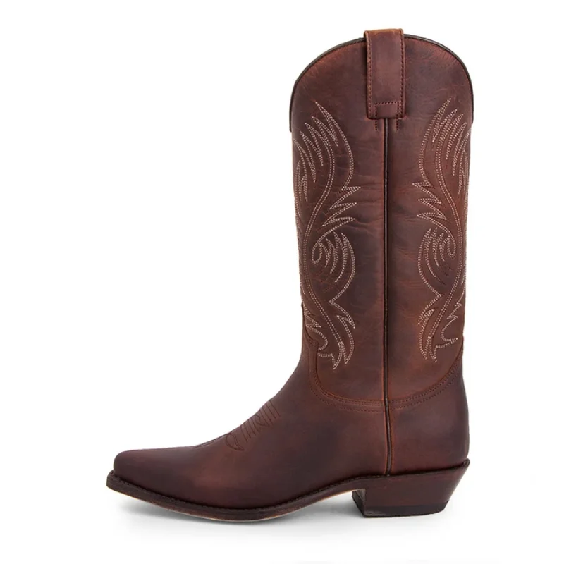 

Men's Handmade Pu Low-key Elegant Fashion Trend Full Boots Dark Brown Middle Heel Pointed Embroidery Classic Cowboy Boots YX226