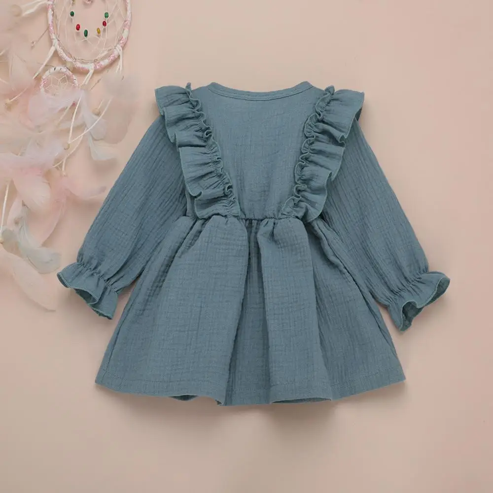 Solid Color Ruffles Children'S Dress fly Long Sleeve Knee-Length dress Linen Button Princess Sukienka Dziewczynka | Детская одежда