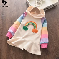 spring autumn 2022 baby girl cartoon rainbow embroidery long sleeve hooded sweatshirt dress kids girls fashion dresses clothing