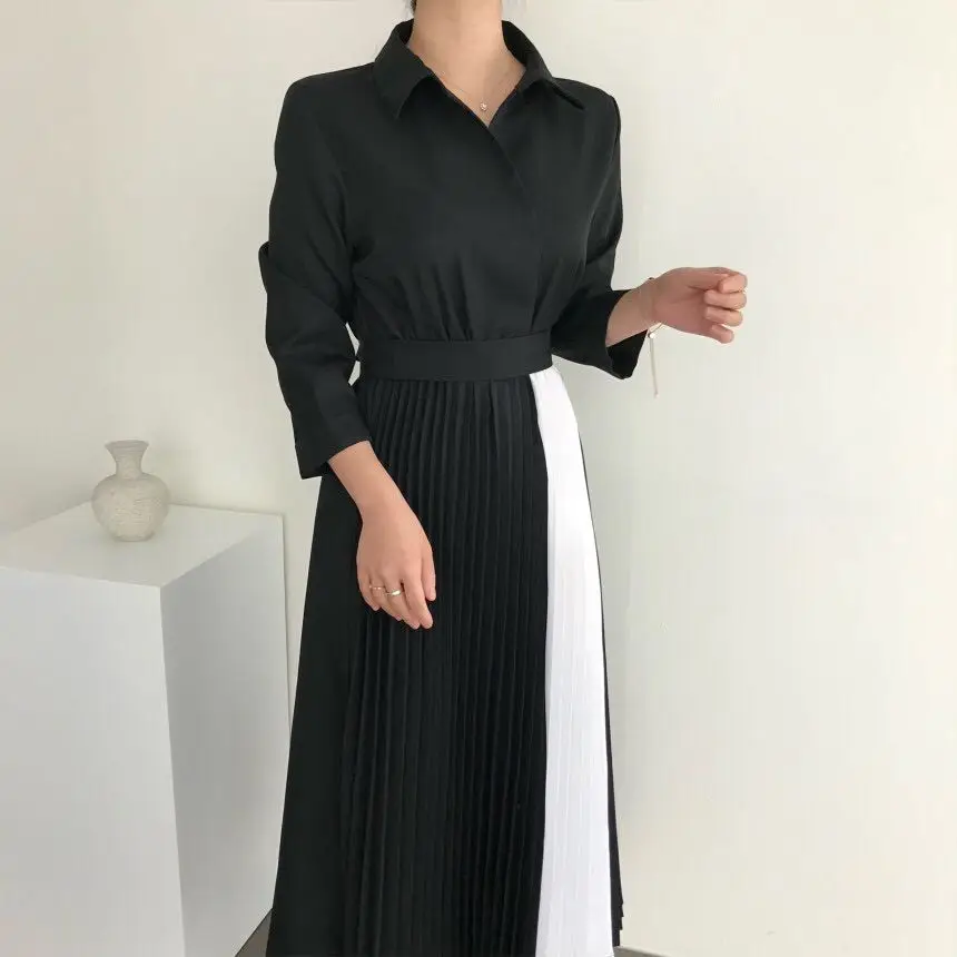 

Color-blocked Elegant Office Women Long Dress Full Sleeve Turn-down Collar Lace-up Belted Pleated Dresses Korean Fashion Vestido