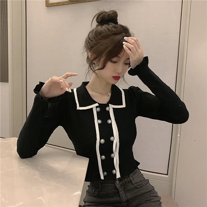 

Ladies Tops Autumn Winter New Long Sleeve Turn-down Collar Knitted Sweater Korean slim Double Breasted Cardigan Women Clothing
