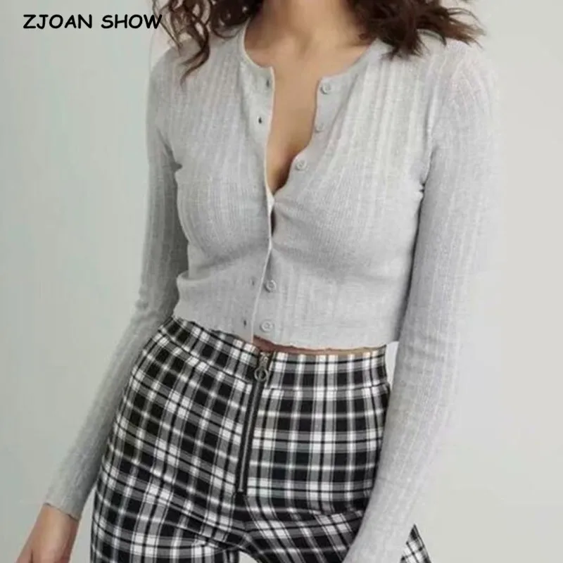 

2021 Vintage O Neck Fine Knitted Cropped Cardigan Single-breasted Buttons Sweater Woman Long Sleeve Jumper Retro Knitwear