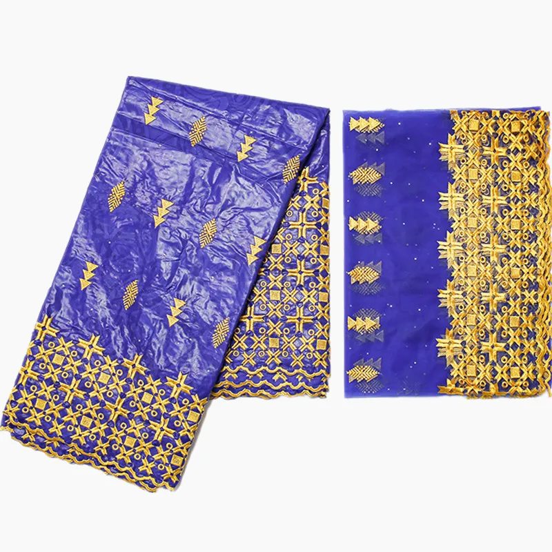 Синяя вышитая базин богатая с тюлем кружевная ткань Африканская для женского