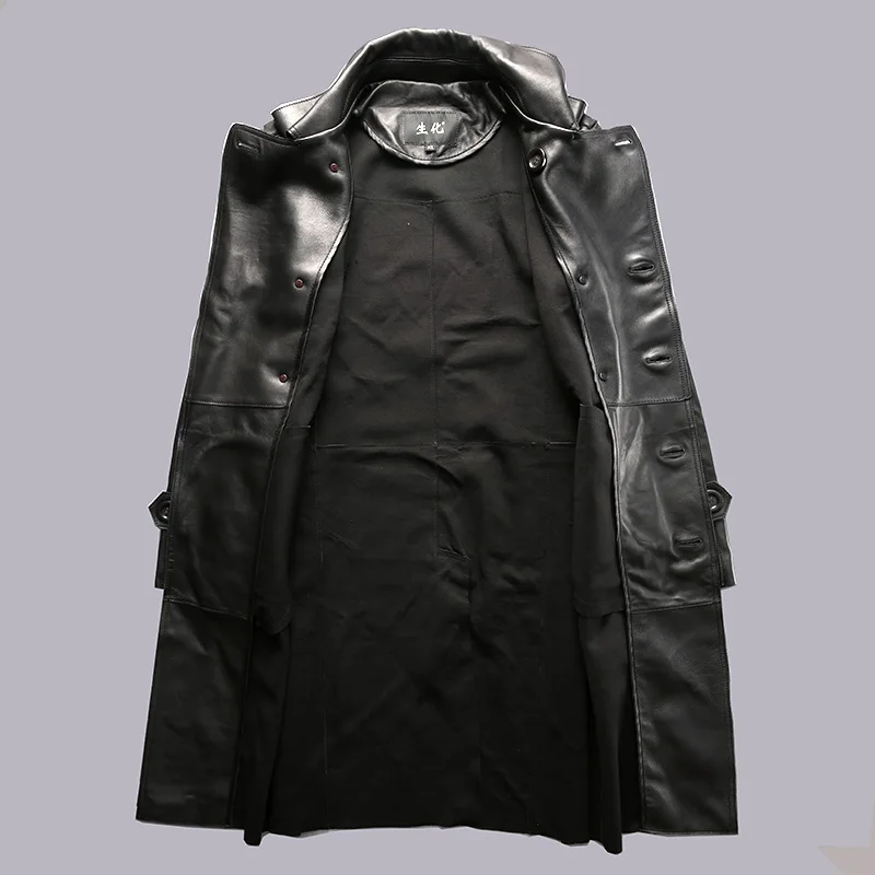 Длинный мужской модный осенний кожаный Тренч из овечьей кожи с широкой талией