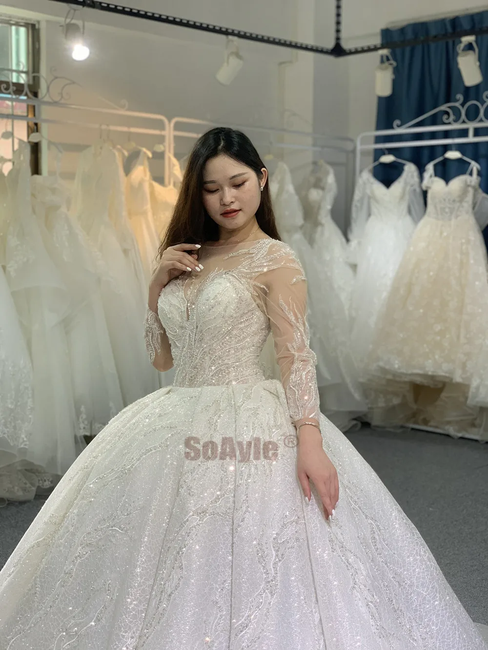 SoAyle Luxury Glitter Long Sleeves Wedding Dress Lace Heavy beading Ball Gown Dresses for Women UP vestido de novia | Свадьбы и