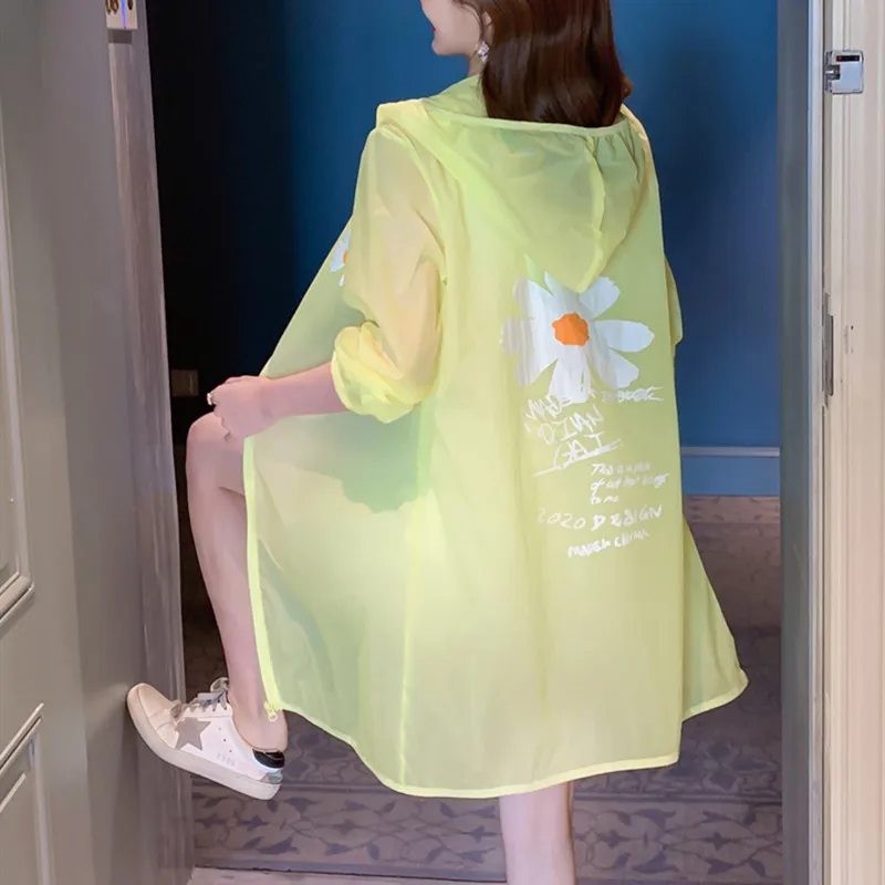 

Summer Nylon Women's Coat Hooded Long Sleeve Cardigan Zipper Loose Floral Print Thin Fashion Streetwear Coat