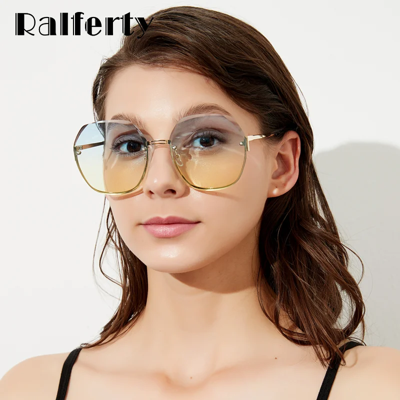 Модные женские солнцезащитные очки без оправы Ralferty с кристаллами большие