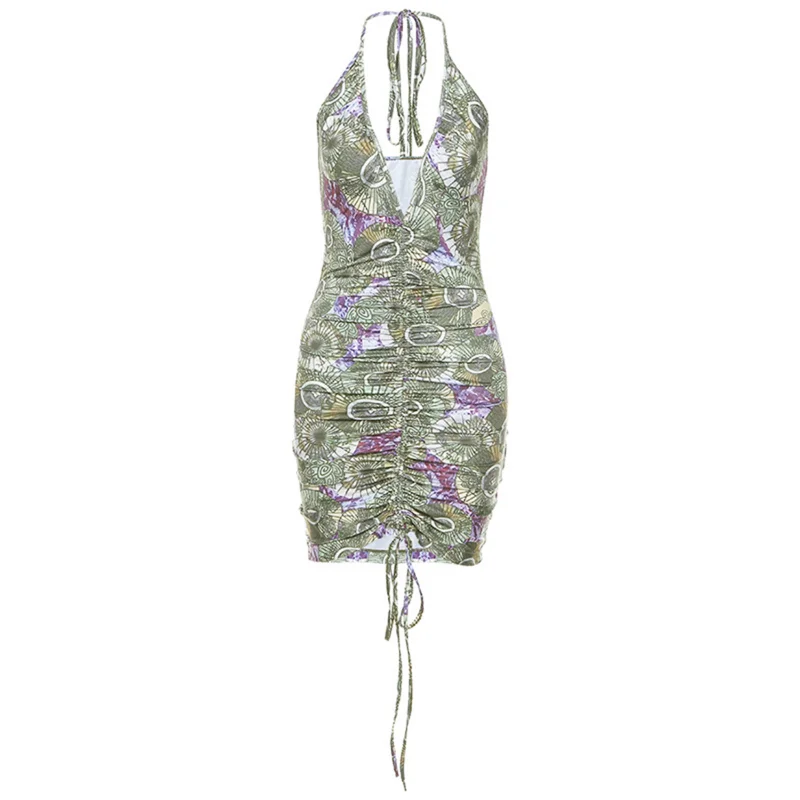 

Deep V-Neck High Waist Bodycon Sexy Dress Women's Digital Print Mini Sleeveless Dress Spaghetti strap dress floral print dress