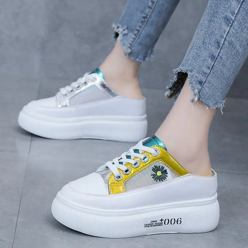 

2021 Summer New Half Slippers Baotou Without Heel Inside Increase Women's Sneakers Outdoor Leather Walking Shoes Woman Sandals
