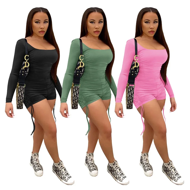 

2021 women's fashion spring summer new U-neck solid pleated Jumpsuit