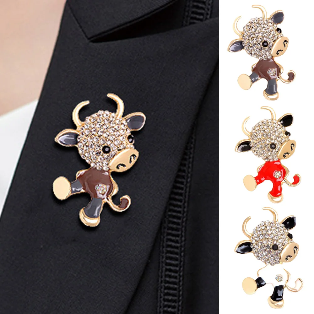 Симпатичные Броши Стразы с кристаллами в виде мультяшного быка для женщин 2021